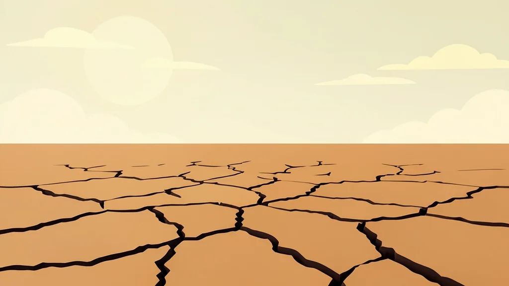 A cracked, dry riverbed under a hazy, sun-bleached sky