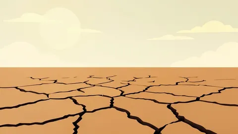 A cracked, dry riverbed under a hazy, sun-bleached sky