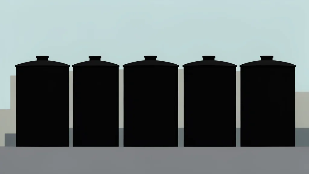 A row of black cylindrical oil storage tanks in an industrial facility