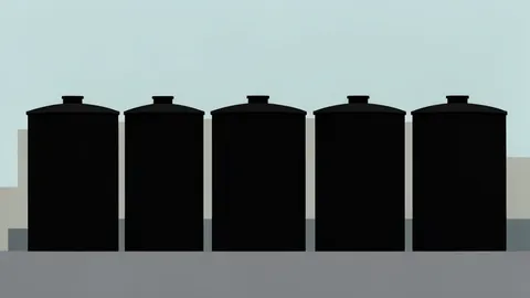 A row of black cylindrical oil storage tanks in an industrial facility