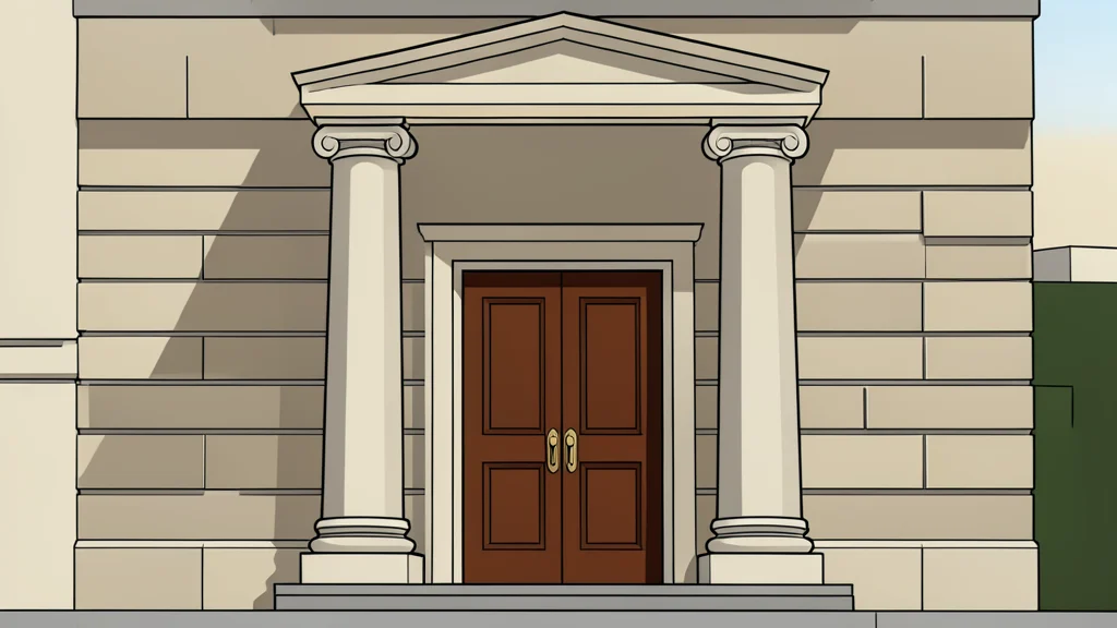 A stone courthouse facade with tall columns and a heavy wooden door