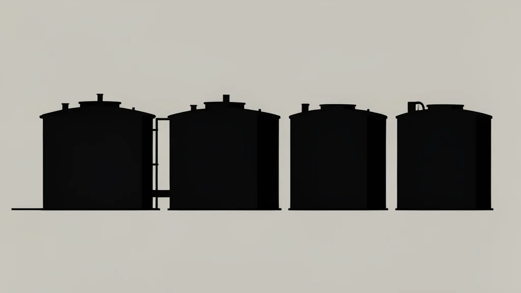 A row of black cylindrical oil storage tanks in an industrial facility