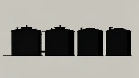 A row of black cylindrical oil storage tanks in an industrial facility