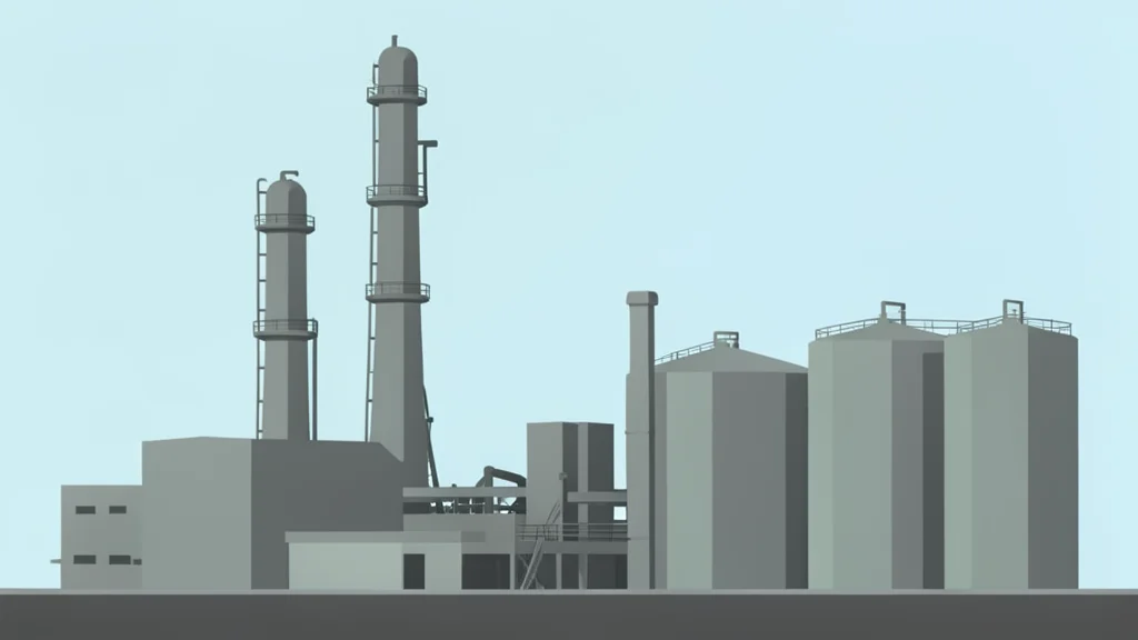 A large industrial refinery complex with tall distillation towers and storage tanks