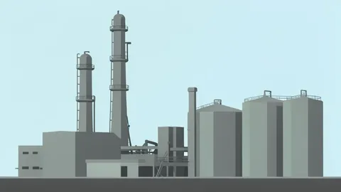 A large industrial refinery complex with tall distillation towers and storage tanks
