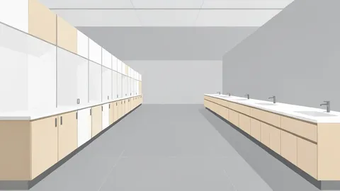 A wide-angle view of a retail showroom featuring rows of modern kitchen cabinets and bathroom vanities.