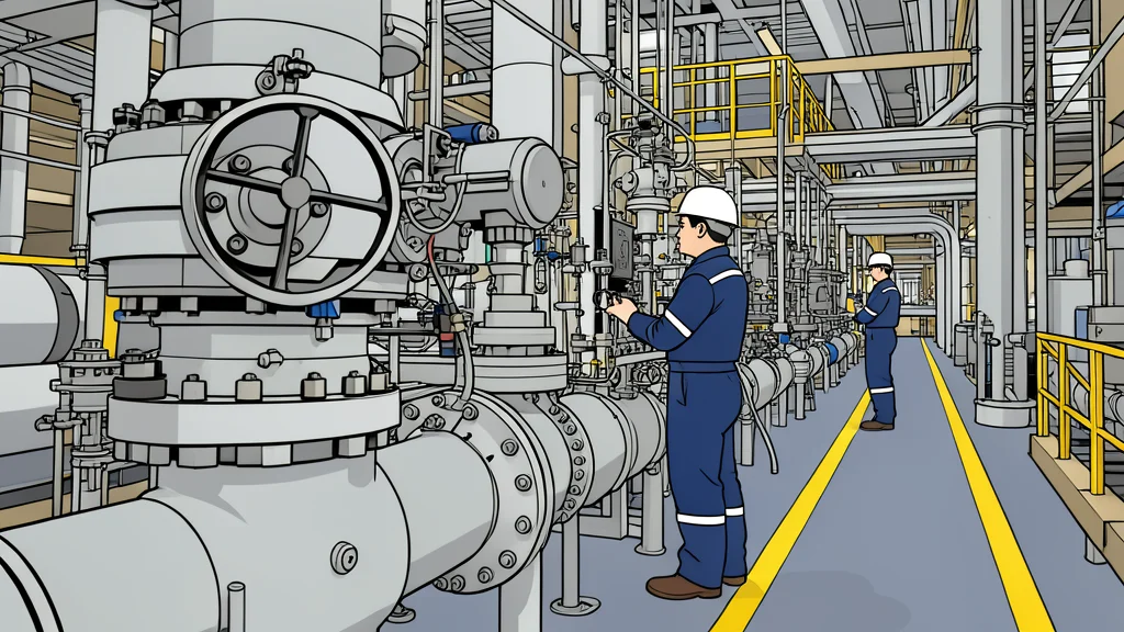 A flat-vector illustration of industrial valves, pressure gauges, and copper piping on a factory floor.