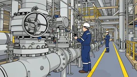 A flat-vector illustration of industrial valves, pressure gauges, and copper piping on a factory floor.