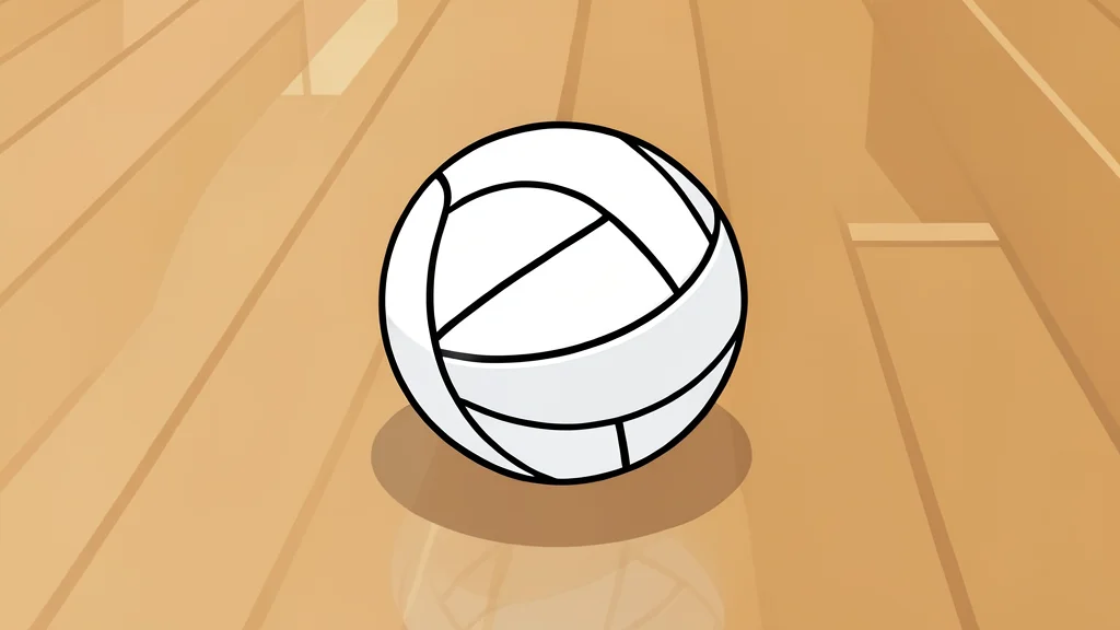 A white volleyball resting on a polished wooden gymnasium floor with light reflections