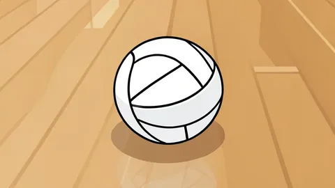 A white volleyball resting on a polished wooden gymnasium floor with light reflections