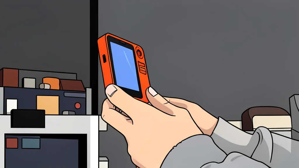 A flat vector illustration of a small orange-red handheld electronic device with a physical button and a blank screen, standing on a neutral surface.
