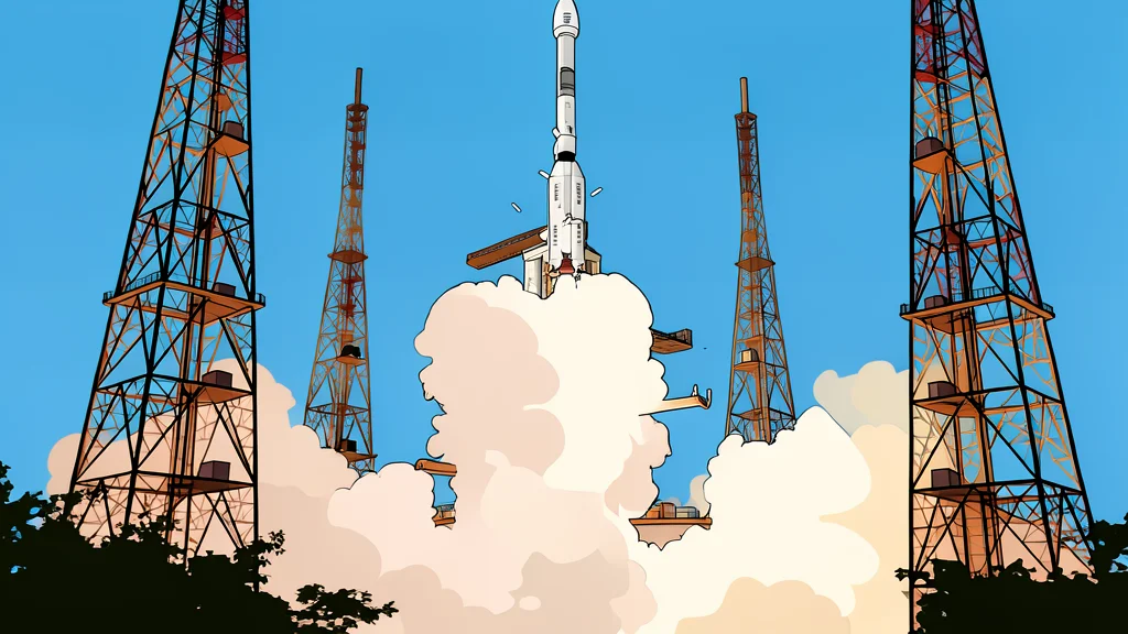 A white rocket standing vertically on a concrete launch pad surrounded by tropical vegetation