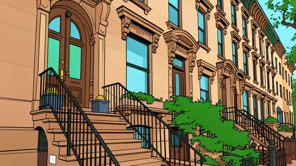 A row of brownstone townhouses with stoops and fire escapes