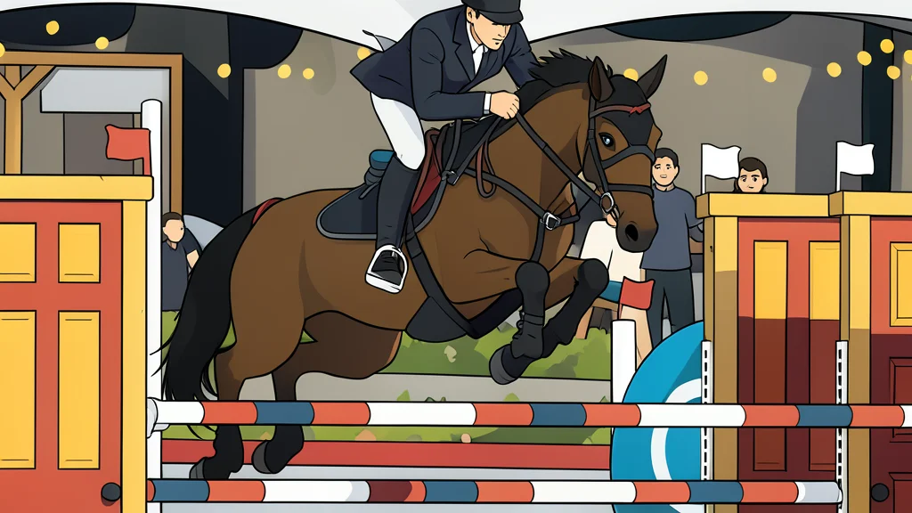 A show jumping course with white fences and green grass