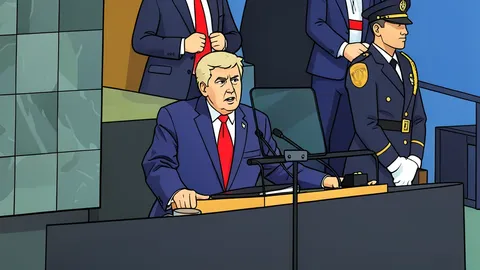 A flat-vector illustration of an empty United Nations General Assembly hall with rows of chairs and a central podium.
