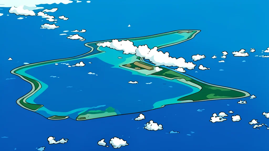 A flat vector illustration of a military airfield runway on a tropical island surrounded by blue ocean water.