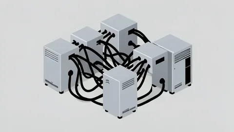 A cluster of compact, silver desktop computers connected by thick black cables