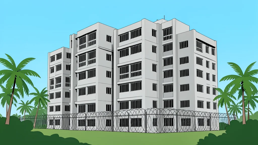 A dense cluster of concrete high-rise buildings with barred windows and barbed wire fencing, situated in a tropical landscape with palm trees.