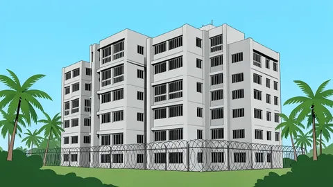 A dense cluster of concrete high-rise buildings with barred windows and barbed wire fencing, situated in a tropical landscape with palm trees.