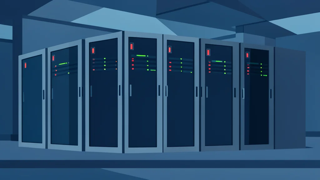 A row of industrial server racks with blinking status lights in a dimly lit data center