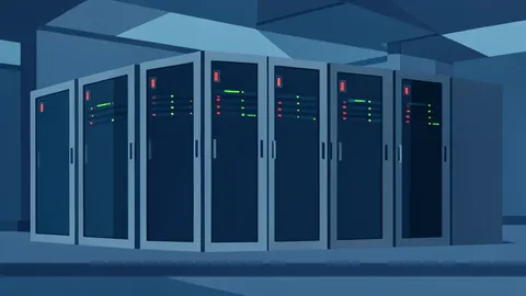 A row of industrial server racks with blinking status lights in a dimly lit data center