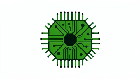 A green microchip with intricate circuit patterns