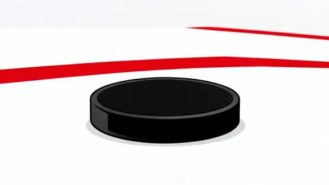 A flat-vector illustration of an ice hockey rink with a goal net and a puck on the ice.