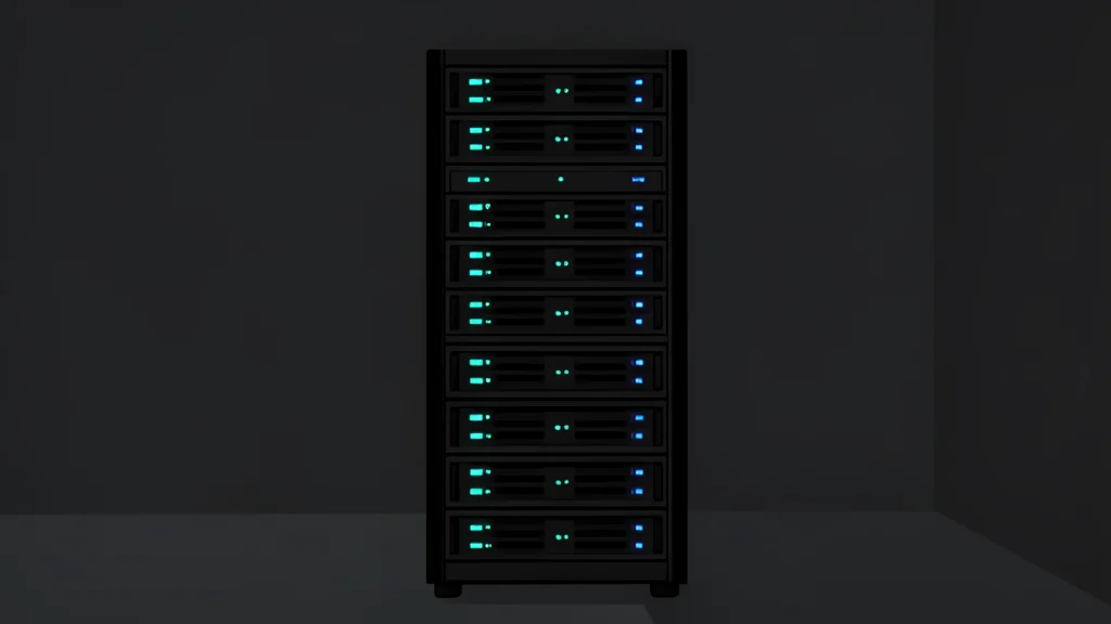 A dense rack of black server units with glowing status lights in a dark room
