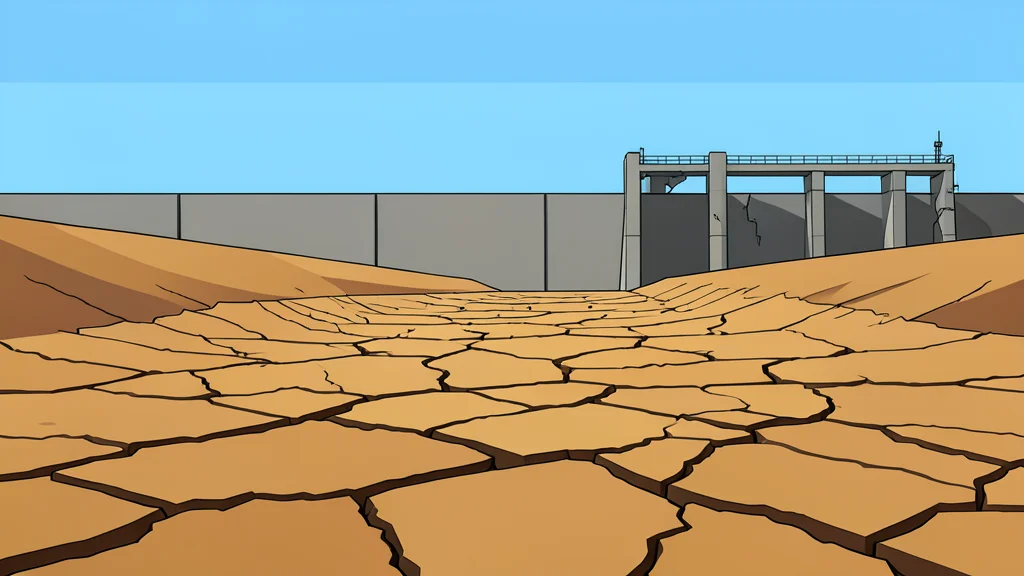 A dried-out riverbed with cracked earth and a distant, damaged concrete dam structure