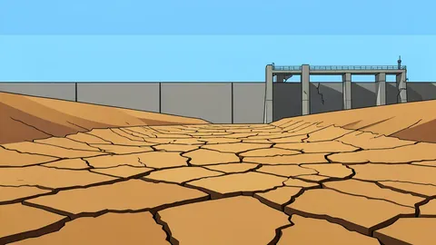 A dried-out riverbed with cracked earth and a distant, damaged concrete dam structure