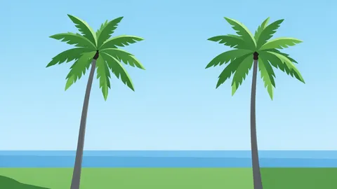 A coastal landscape with palm trees and a calm ocean horizon