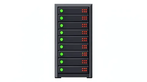 A server rack with blinking status lights