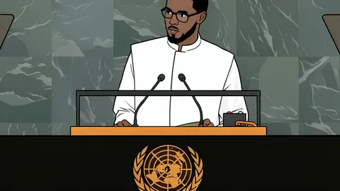 A stylized vector illustration of the United Nations headquarters building in New York.