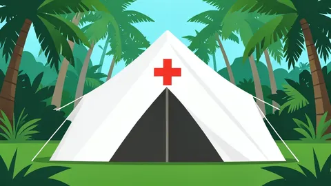 A medical tent with a red cross symbol set against a tropical forest background