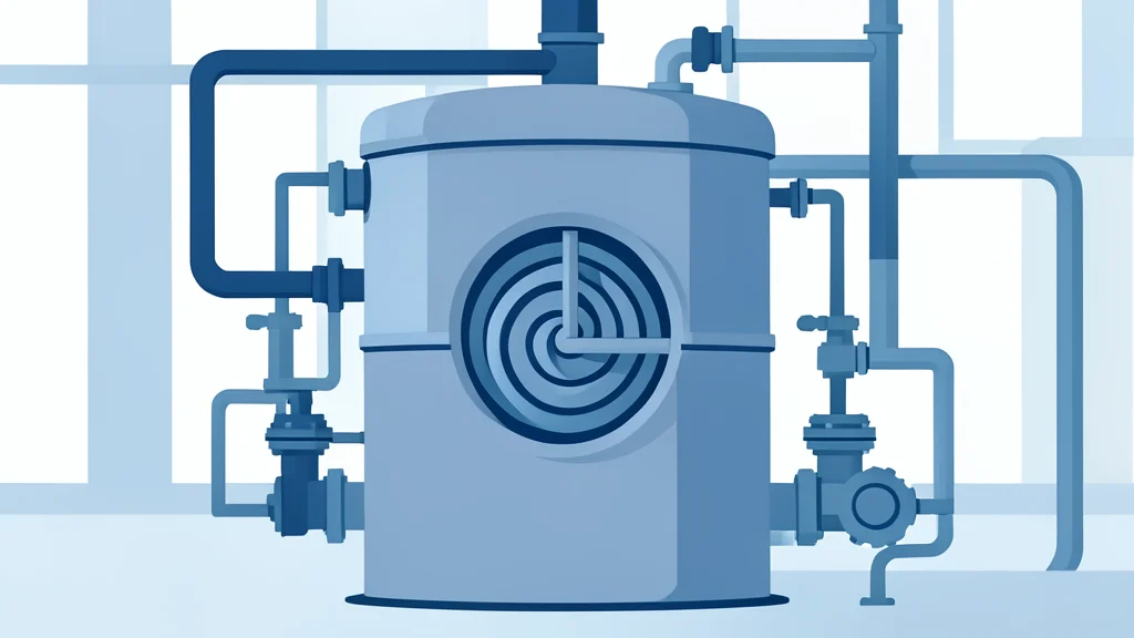 A large industrial mixing tank with a spiral agitator inside, surrounded by piping and valves in a factory setting
