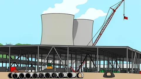 A large, windowless industrial building with rows of external cooling towers and ventilation units on a flat plot of land.