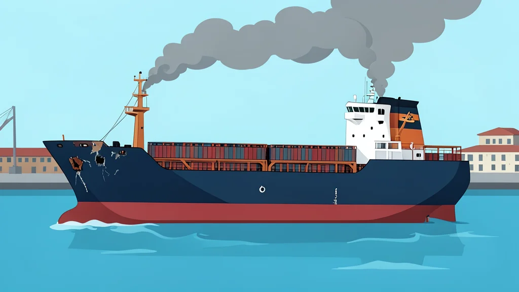 A damaged commercial cargo ship floating in a harbor with smoke rising from its deck