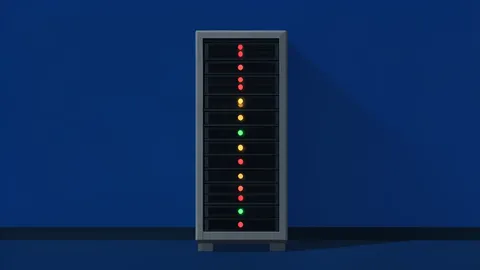 A server rack with blinking status lights in a dark room