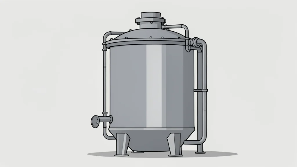 A large, cylindrical industrial reactor vessel with cooling pipes and metallic cladding