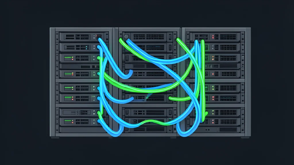 A dense rack of network switches with glowing fiber optic cables