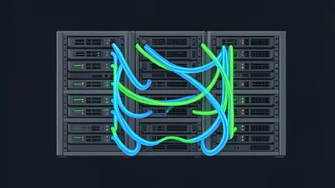 A dense rack of network switches with glowing fiber optic cables