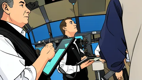 A flat vector illustration of a trading floor with rows of desks and monitors.