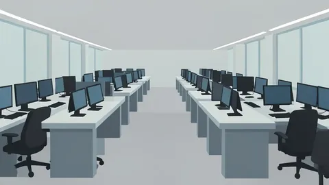 A flat-vector illustration of a trading floor with rows of desks and monitors