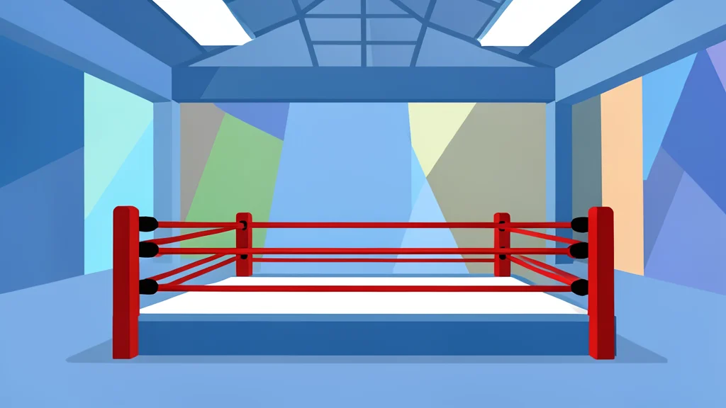 A boxing ring with red ropes and corner posts inside a convention center