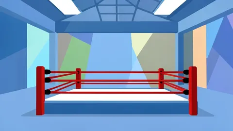 A boxing ring with red ropes and corner posts inside a convention center