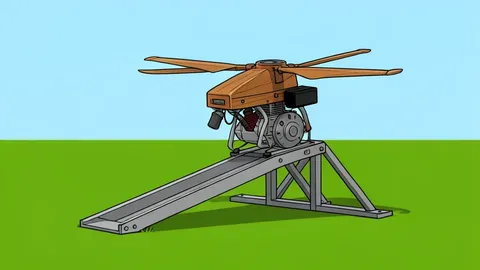 A wooden propeller drone with a rudimentary petrol engine resting on a metal catapult launch rail in a grassy field