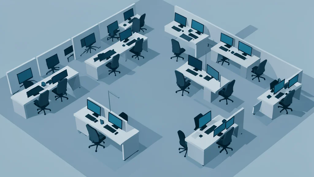A flat vector illustration of a trading floor with rows of desks and monitors, viewed from a high angle.
