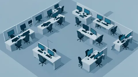 A flat vector illustration of a trading floor with rows of desks and monitors, viewed from a high angle.