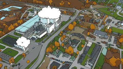 A flat vector illustration of a chemical processing plant with large storage tanks and piping.