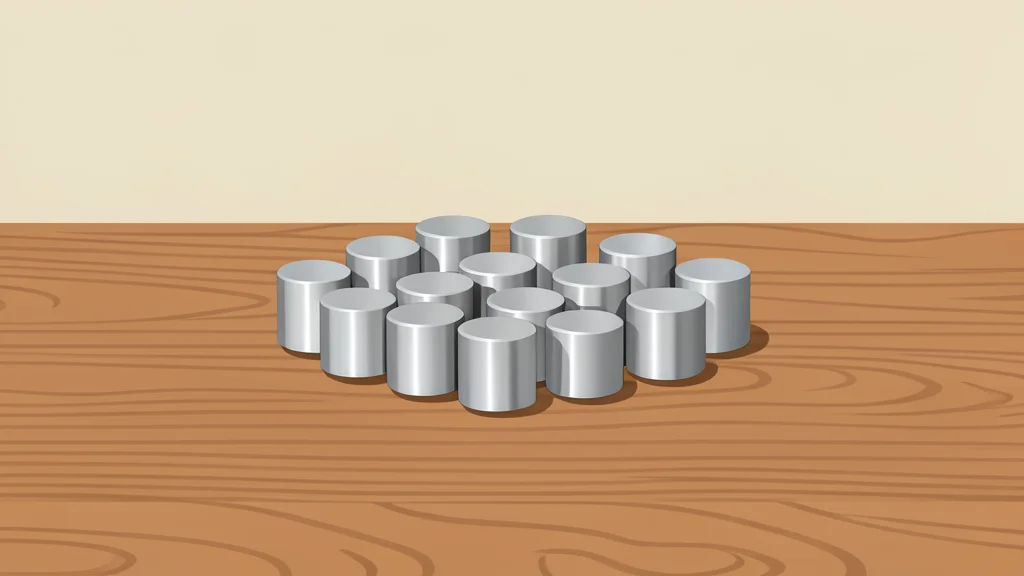 A cluster of small, cylindrical metallic magnets arranged on a workbench